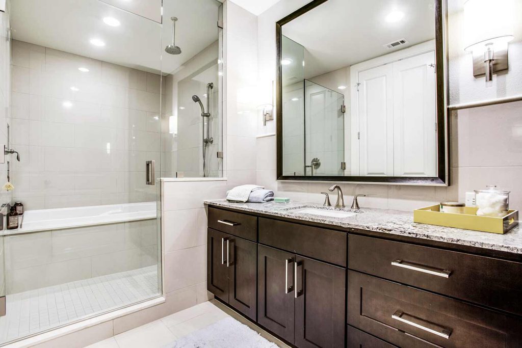 The Jordan Dallas Luxury Apartment Bathroom with Granite Countertops